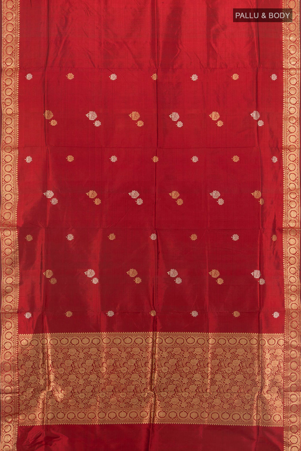 Flat view of Pure Silk Maroon Banarasi Katan Saree with Zari Butta on the body and Zari Border. 