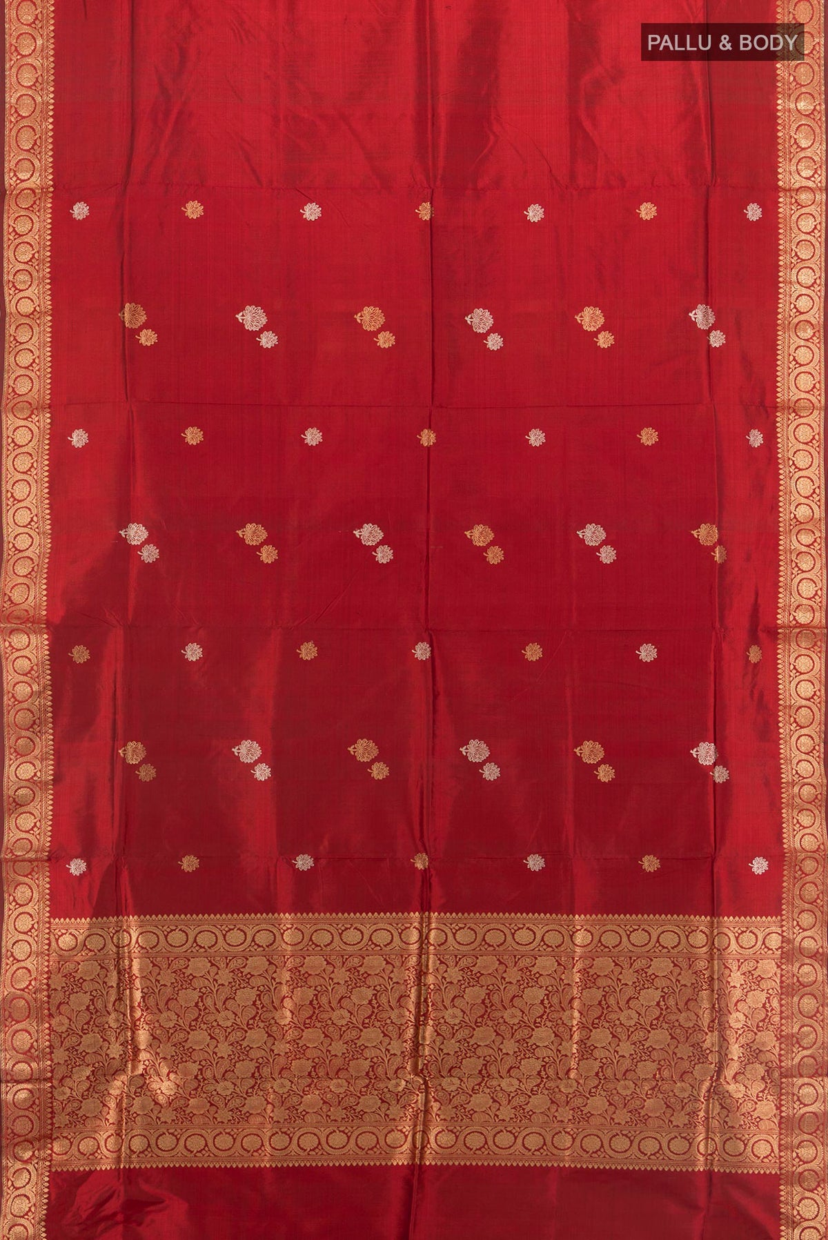Flat view of Pure Silk Maroon Banarasi Katan Saree with Zari Butta on the body and Zari Border. 
