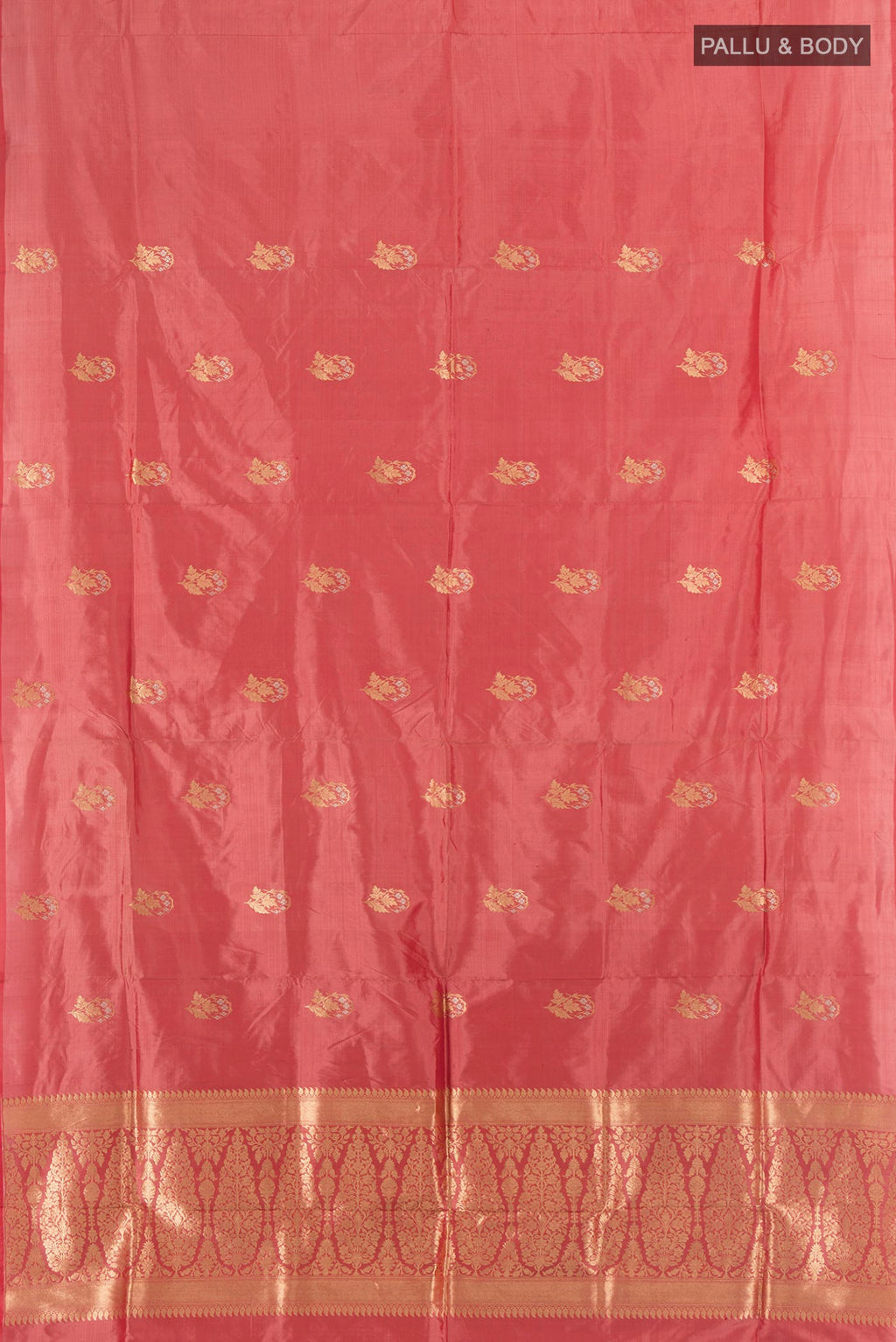 Flat view of Pure Silk Peach Banarasi Katan Saree with Zari Butta on the body and Silk Border. 