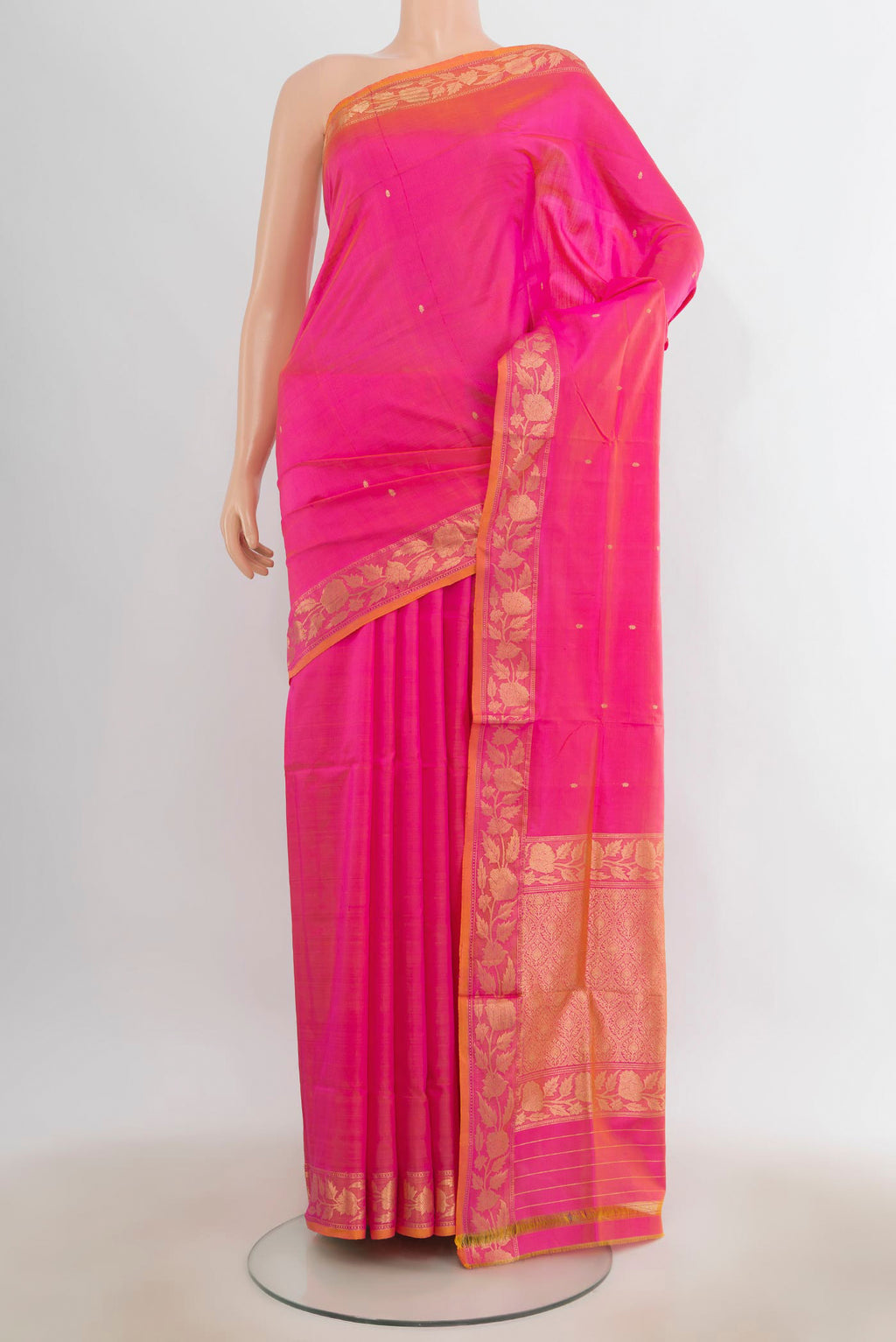 Pure Silk Pink Dual Tone Banarasi Katan Saree with Zari Butta on the body and Zari Border.  displayed on a mannequin
