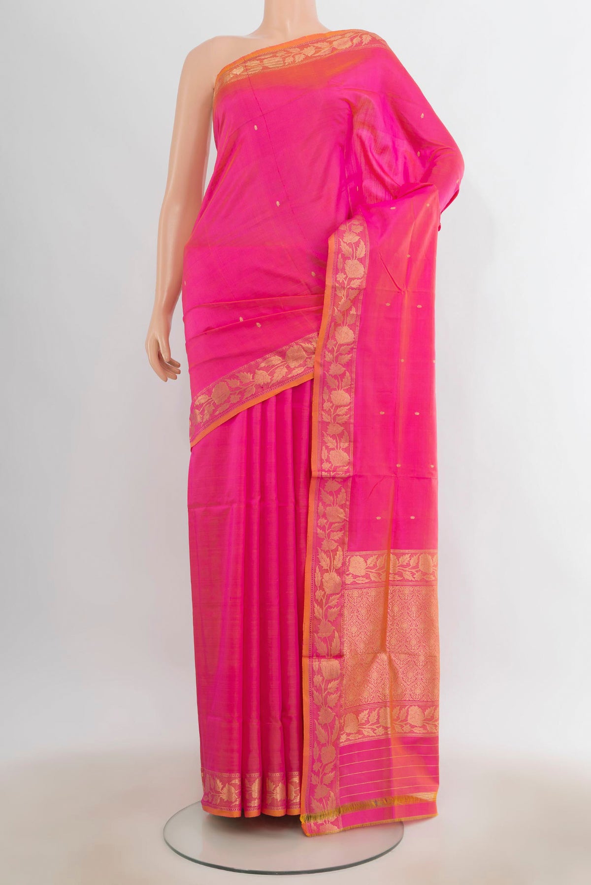 Pure Silk Pink Dual Tone Banarasi Katan Saree with Zari Butta on the body and Zari Border.  displayed on a mannequin