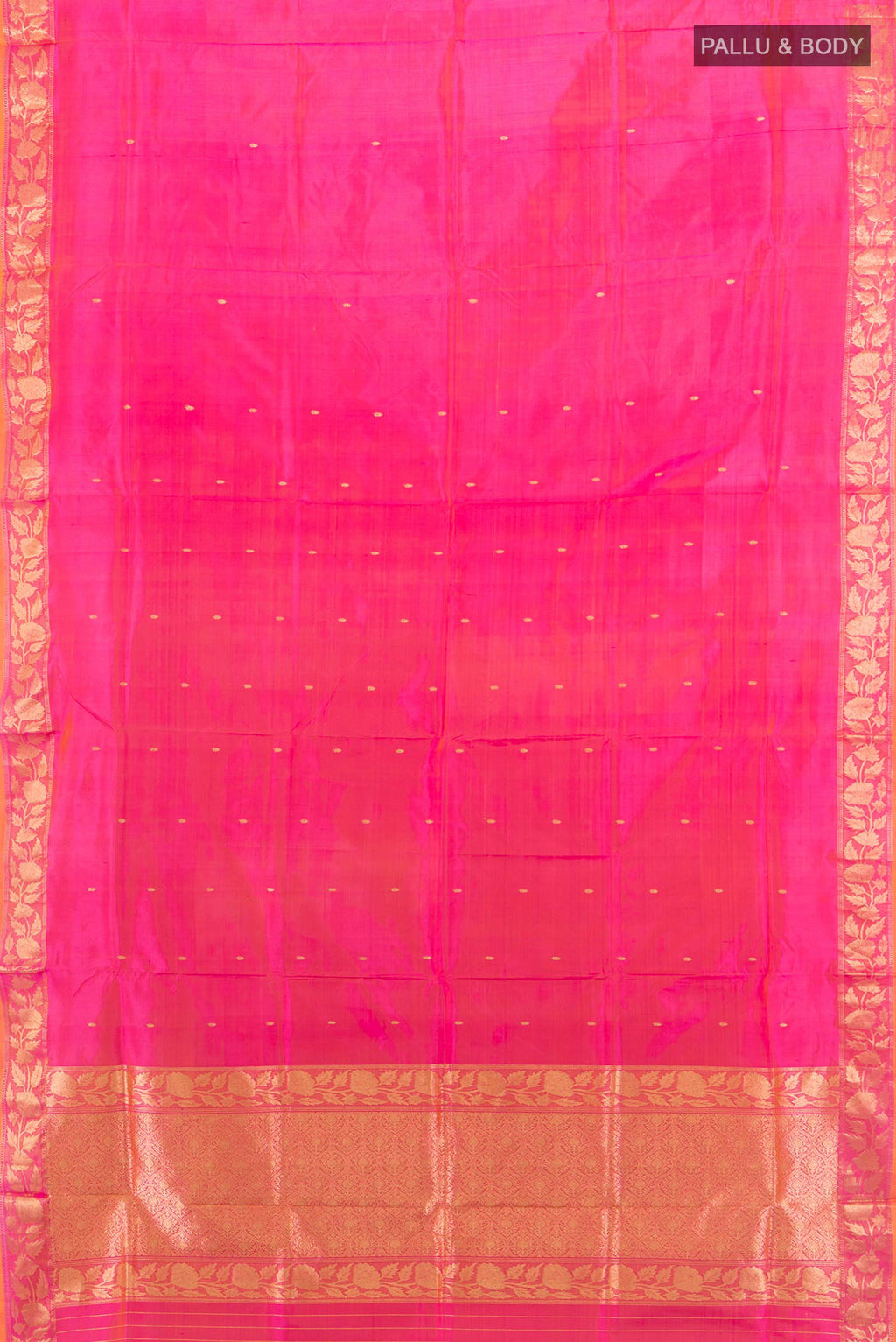 Flat view of Pure Silk Pink Dual Tone Banarasi Katan Saree with Zari Butta on the body and Zari Border. 
