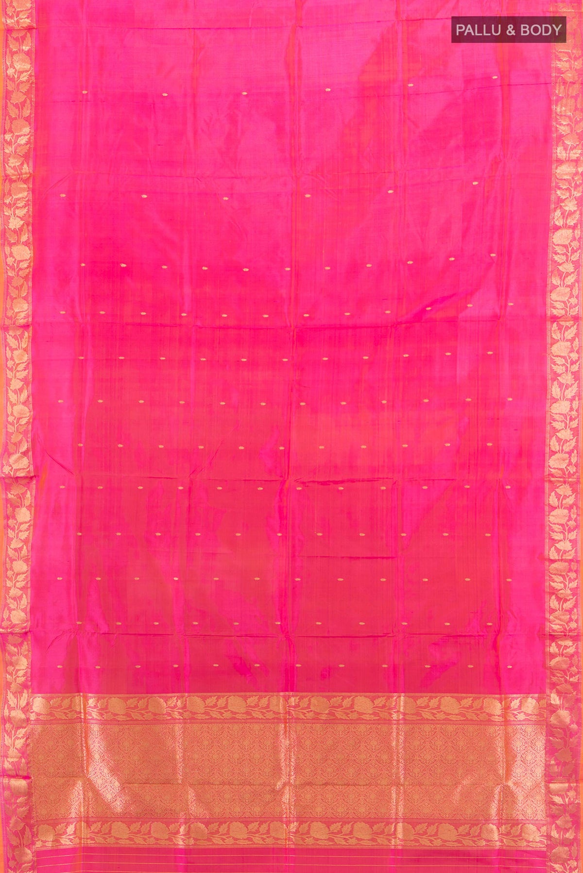 Flat view of Pure Silk Pink Dual Tone Banarasi Katan Saree with Zari Butta on the body and Zari Border. 
