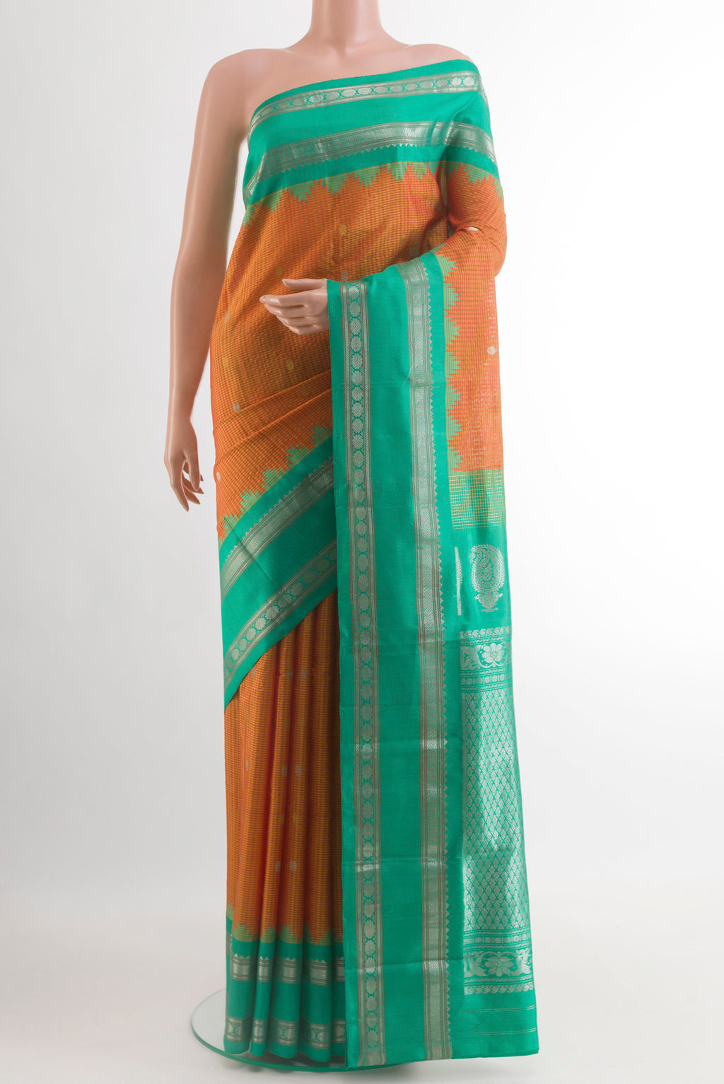 Mustard Gadwal Silk Saree with Checked design on the body and Zari Border.  displayed on a mannequin