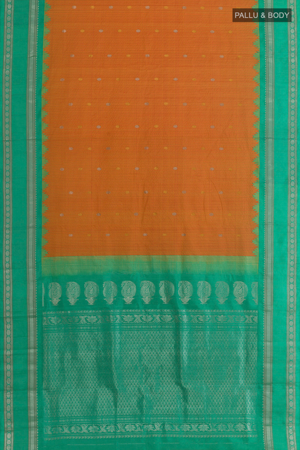 Flat view of Mustard Gadwal Silk Saree with Checked design on the body and Zari Border. 