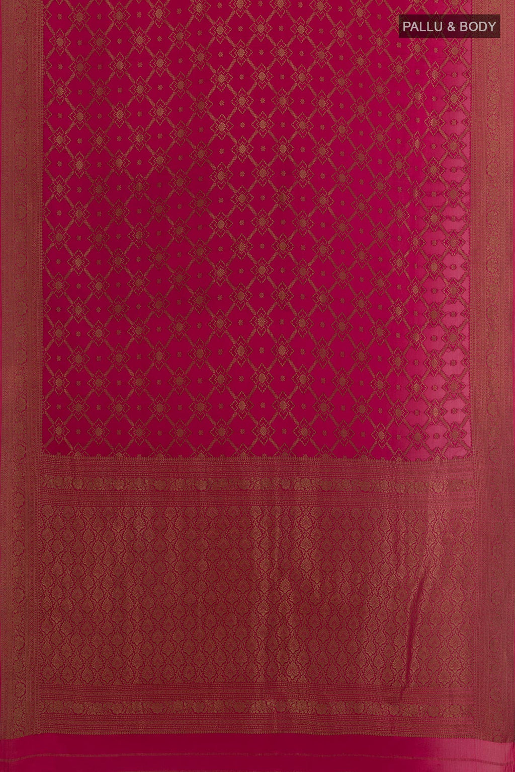 Flat view of Pink Mysore Crepe Saree with Zari Brocade on the body and Zari Border. 