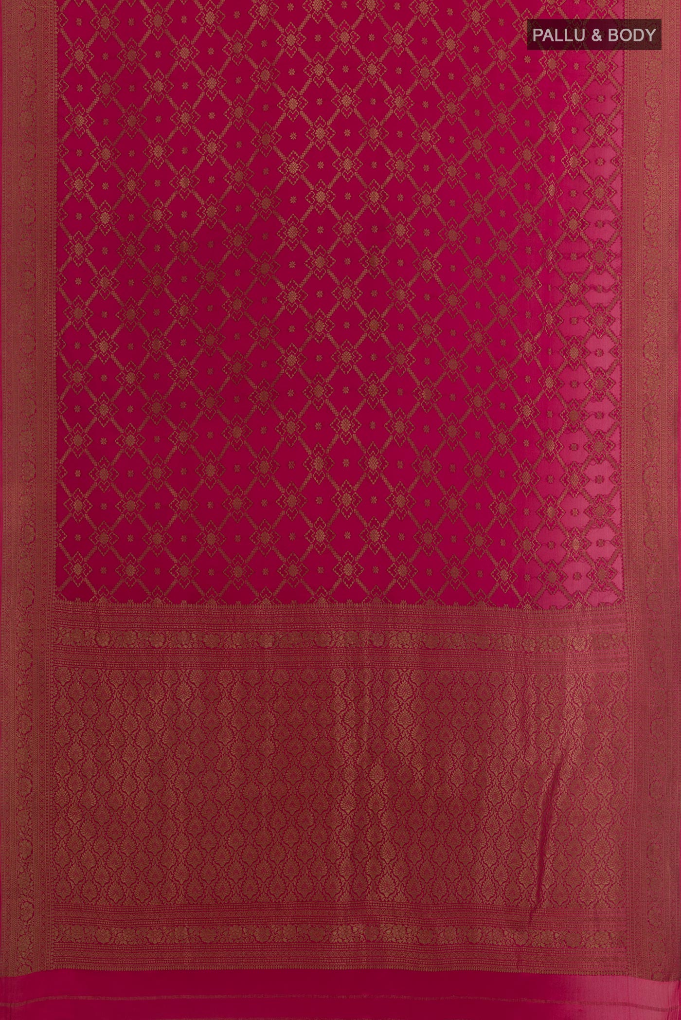 Flat view of Pink Mysore Crepe Saree with Zari Brocade on the body and Zari Border. 