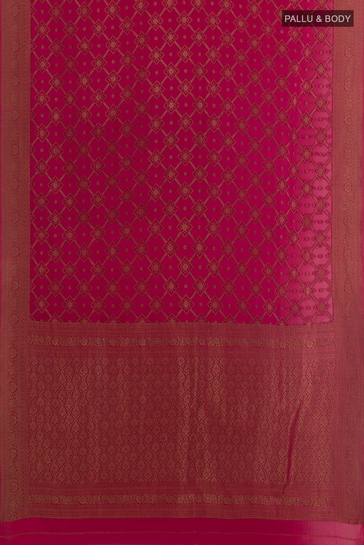 Flat view of Pink Mysore Crepe Saree with Zari Brocade on the body and Zari Border. 