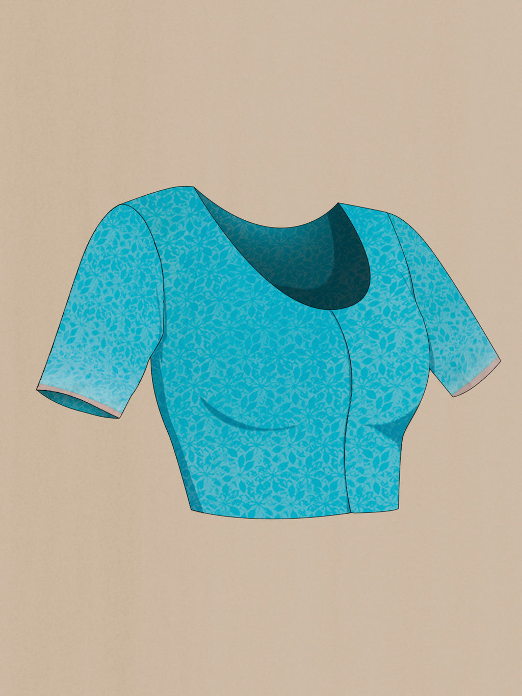 Close up image of the blouse of Blue Chiffon Saree with Printed design on the body and Zari Border. 