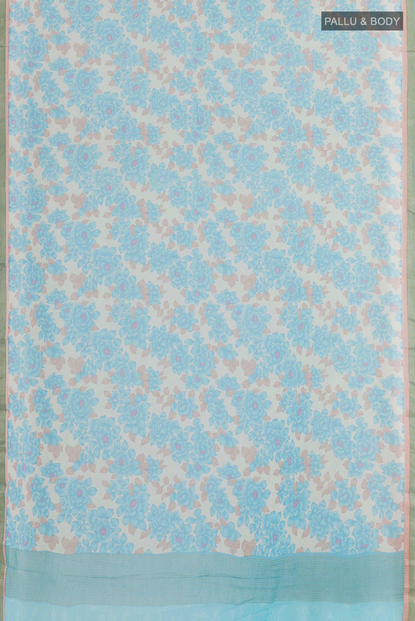 Flat view of Blue Chiffon Saree with Printed design on the body and Zari Border. 