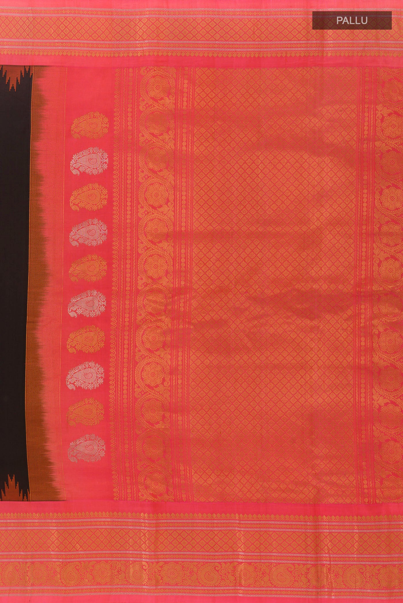 Close up image of the pallu of Black Gadwal Silk Saree with Zari Butta on the body and Zari Border. 