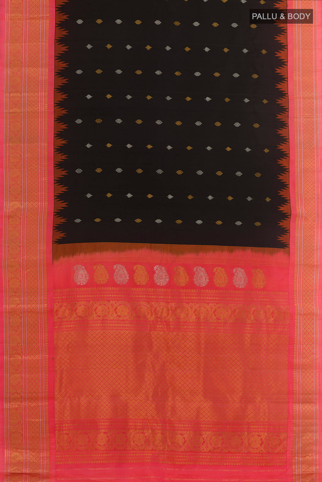 Flat view of Black Gadwal Silk Saree with Zari Butta on the body and Zari Border. 