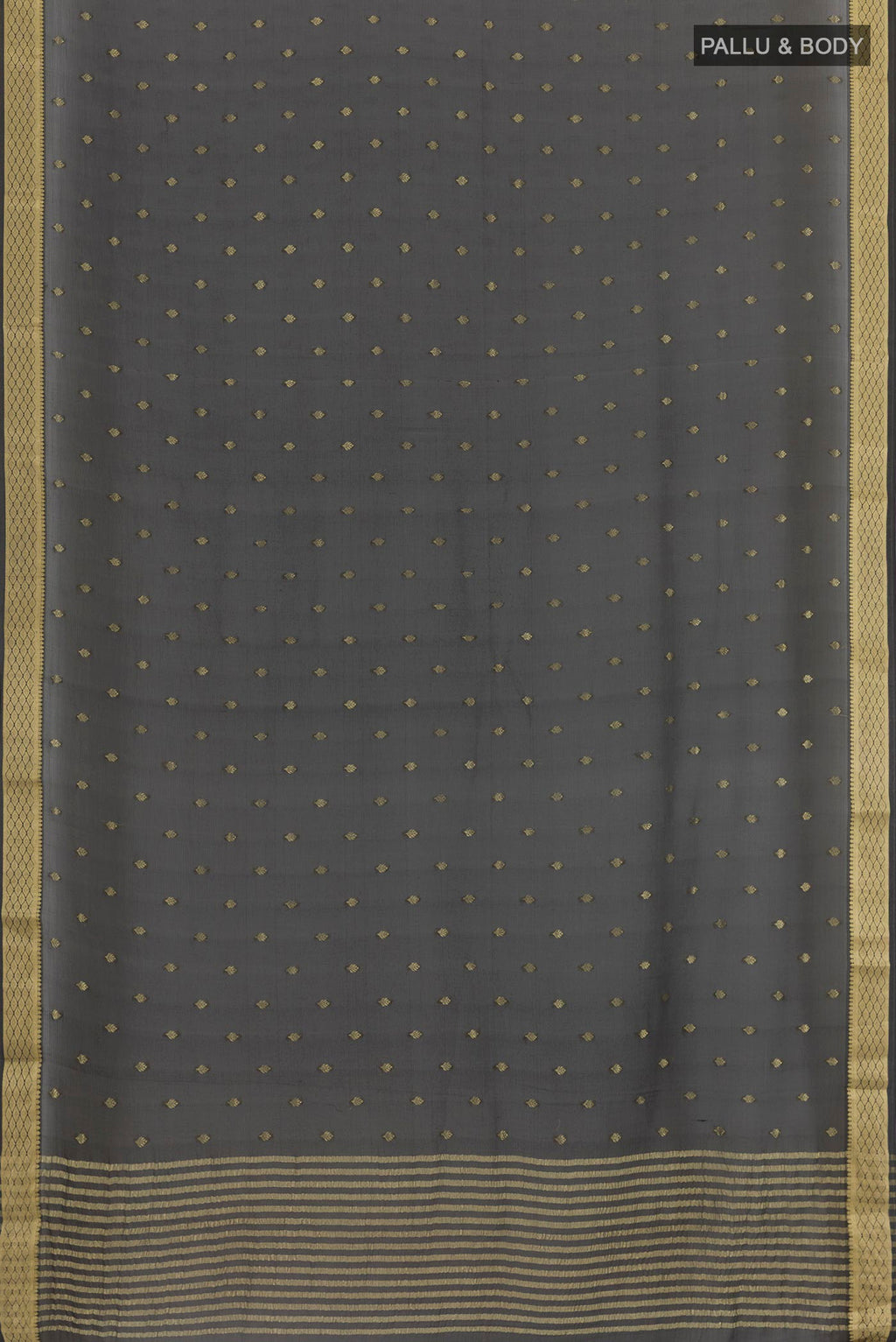 Flat view of Black Chiffon Saree with Zari Butta on the body and Zari Border. 