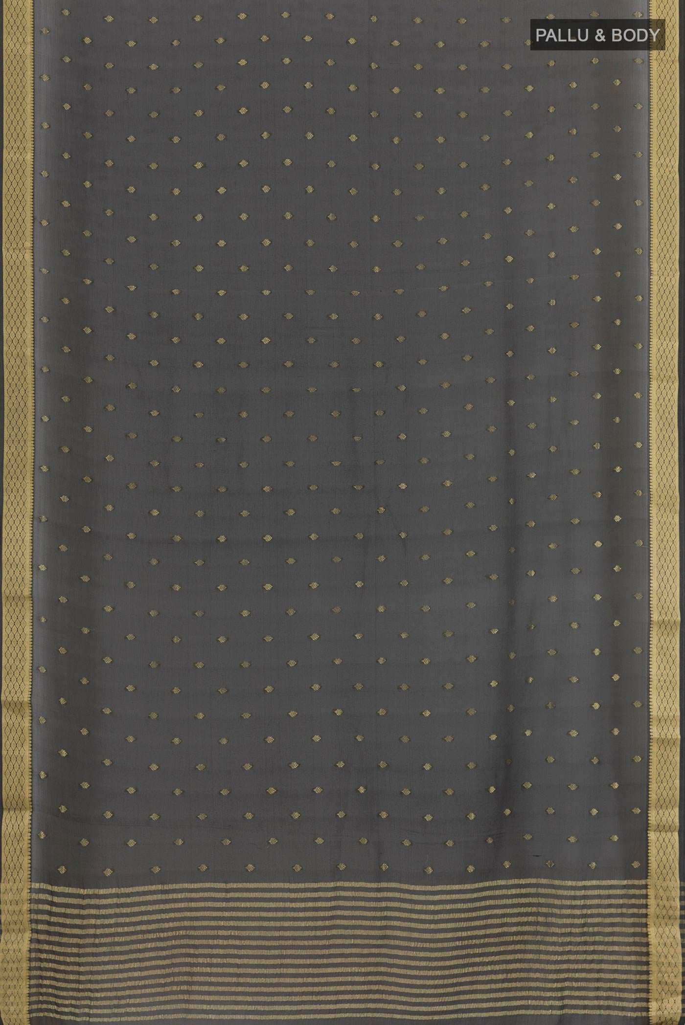 Flat view of Black Chiffon Saree with Zari Butta on the body and Zari Border. 