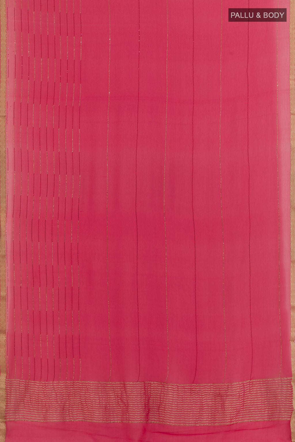 Flat view of Pink Mysore Chiffon Saree with Stripes on the body and Zari Border. 