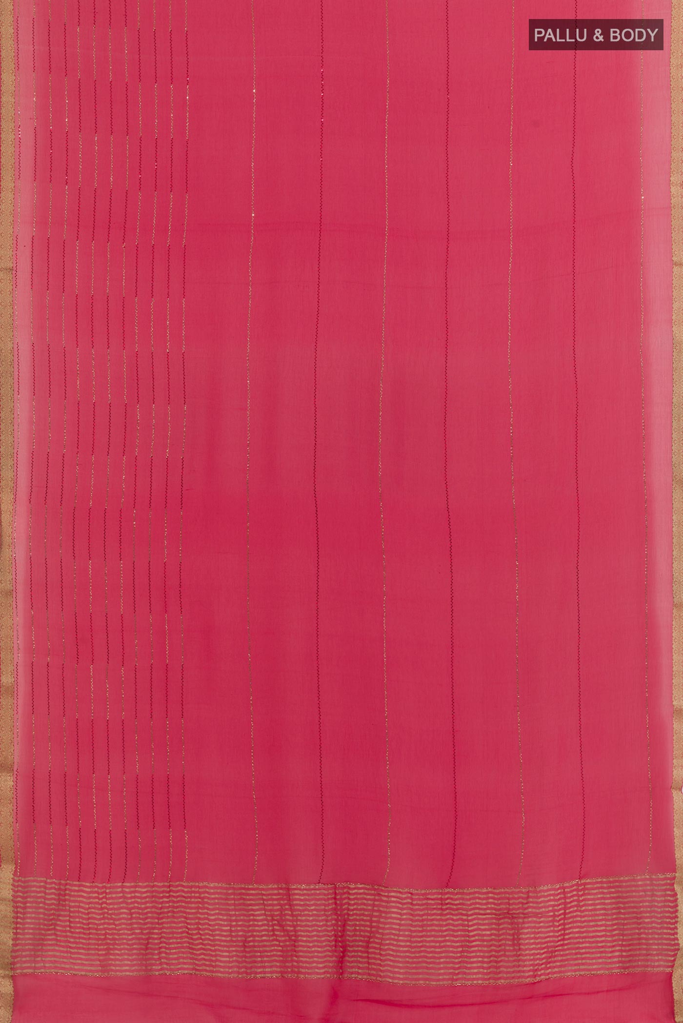 Flat view of Pink Mysore Chiffon Saree with Stripes on the body and Zari Border. 