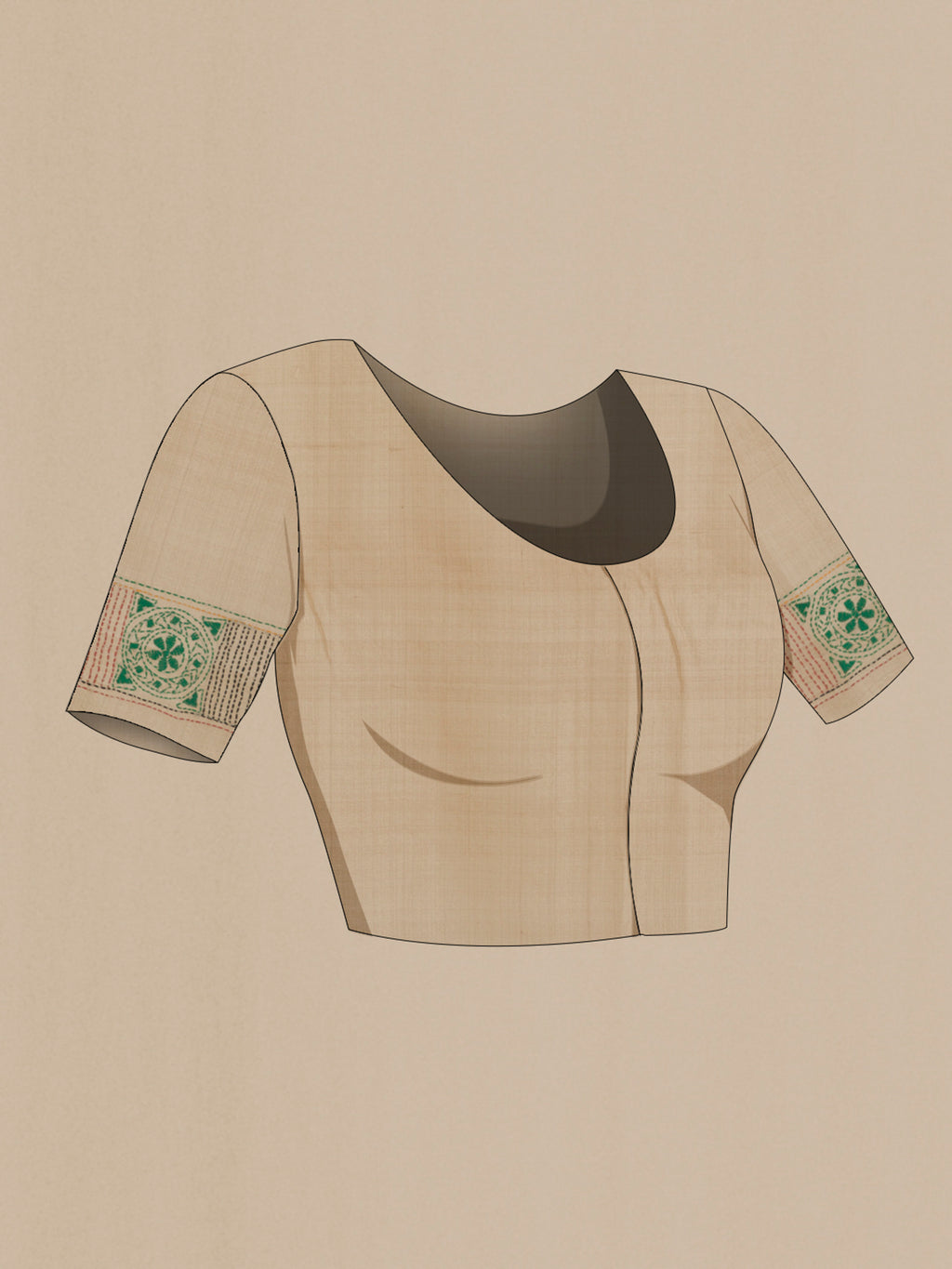 Close up image of the blouse of Beige Tussar Saree with Kantha Work on the body and Embroidery Border. 