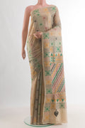 Beige Tussar Saree with Kantha Work on the body and Embroidery Border.  displayed on a mannequin