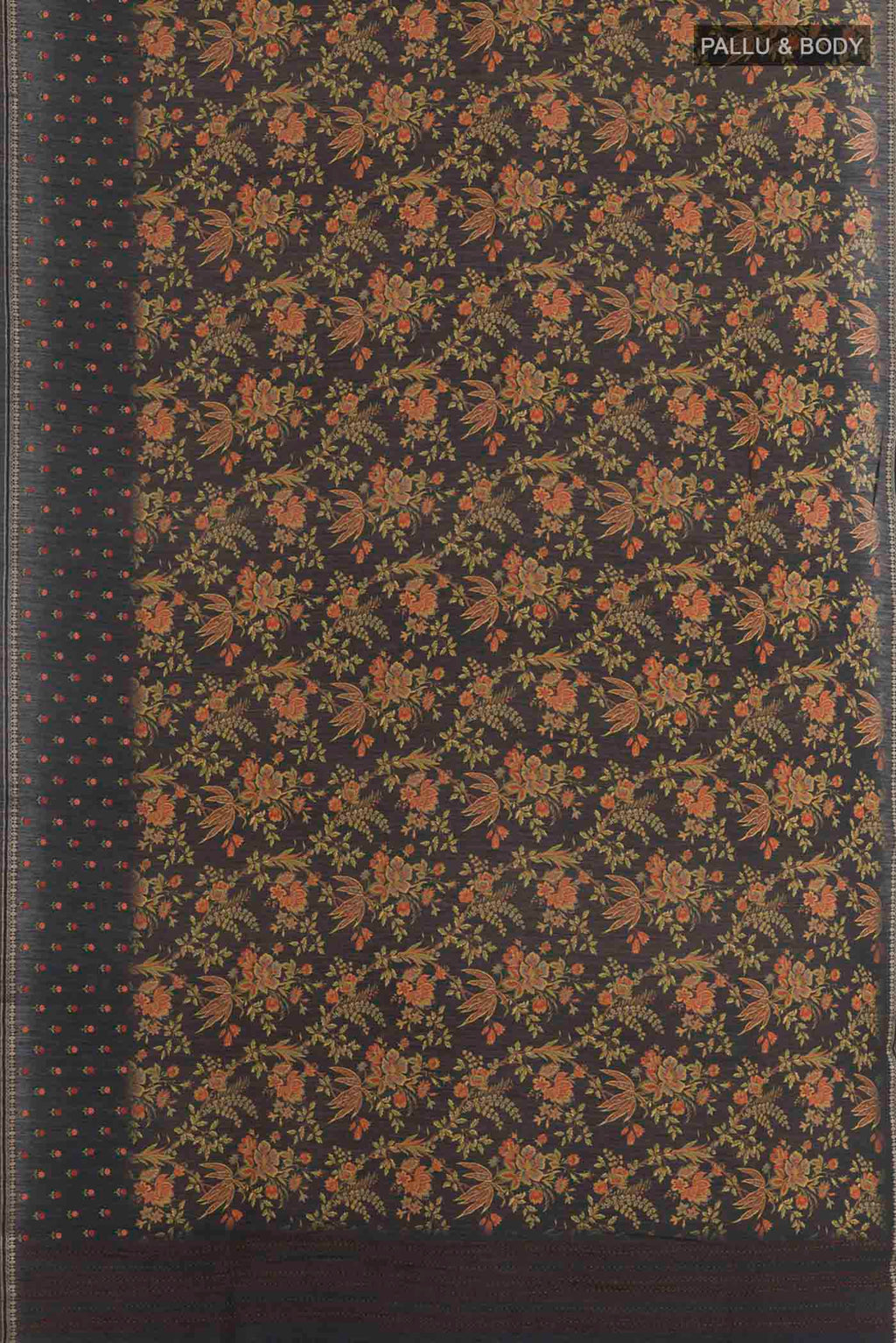 Flat view of Pure Silk Pure Zari Black Tussar Saree with Printed design on the body and Zari Border. 