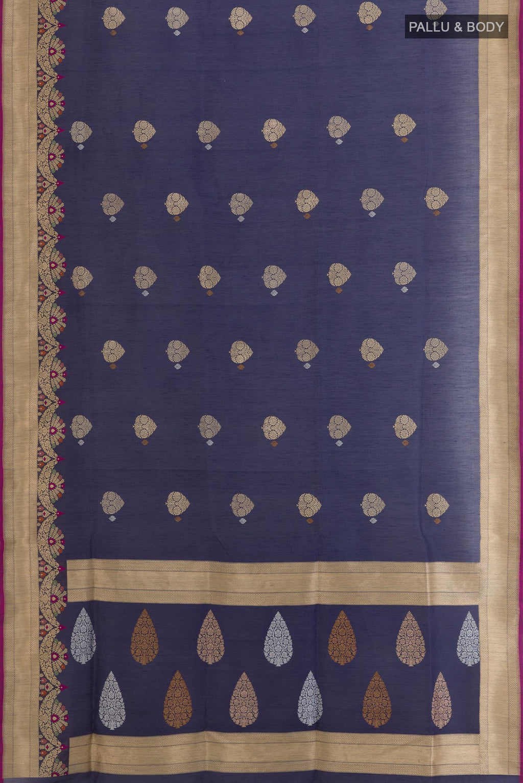 Flat view of Navy Blue Banarasi Kora Silk Saree with Zari Butta on the body and Zari Border. 