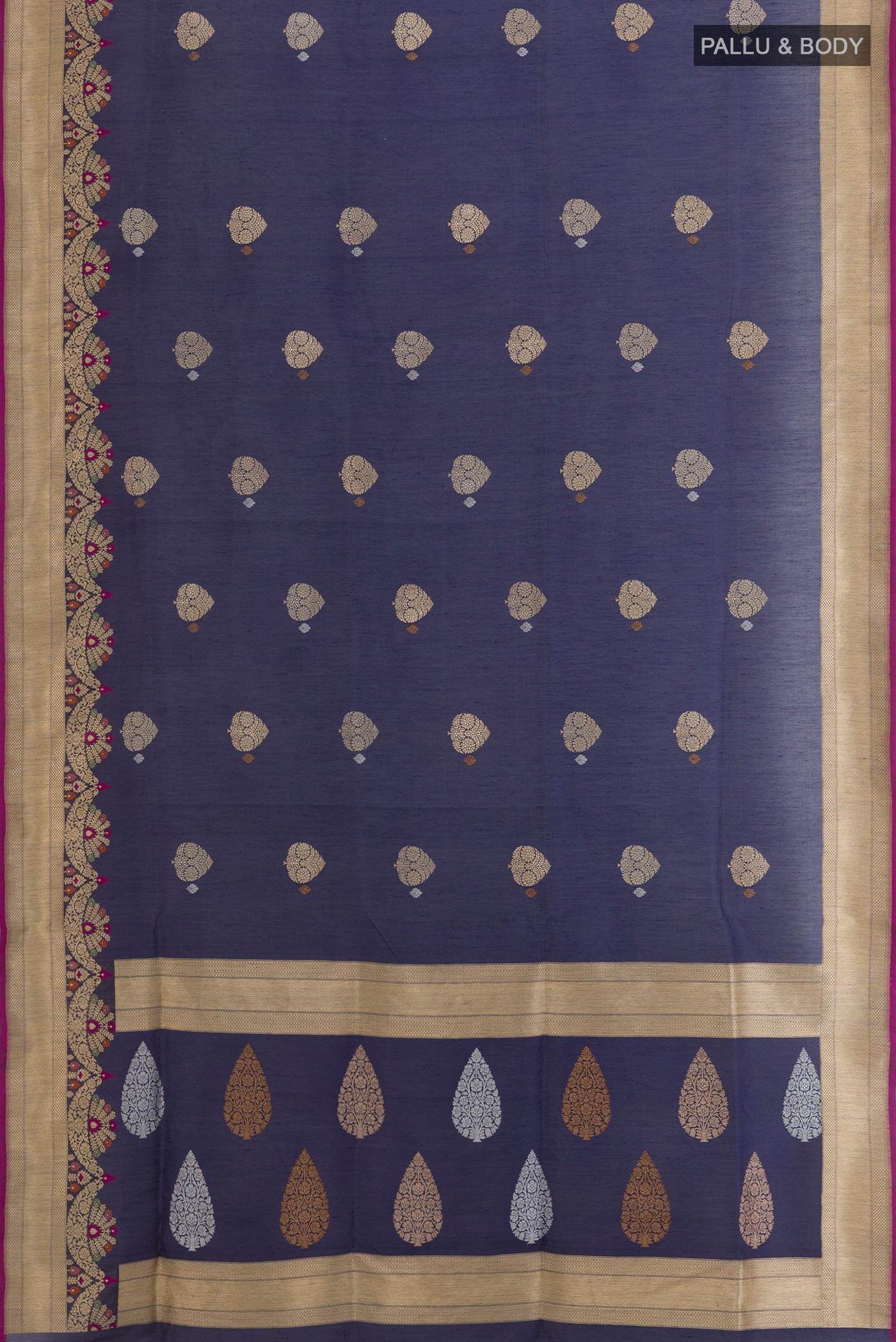 Flat view of Navy Blue Banarasi Kora Silk Saree with Zari Butta on the body and Zari Border. 