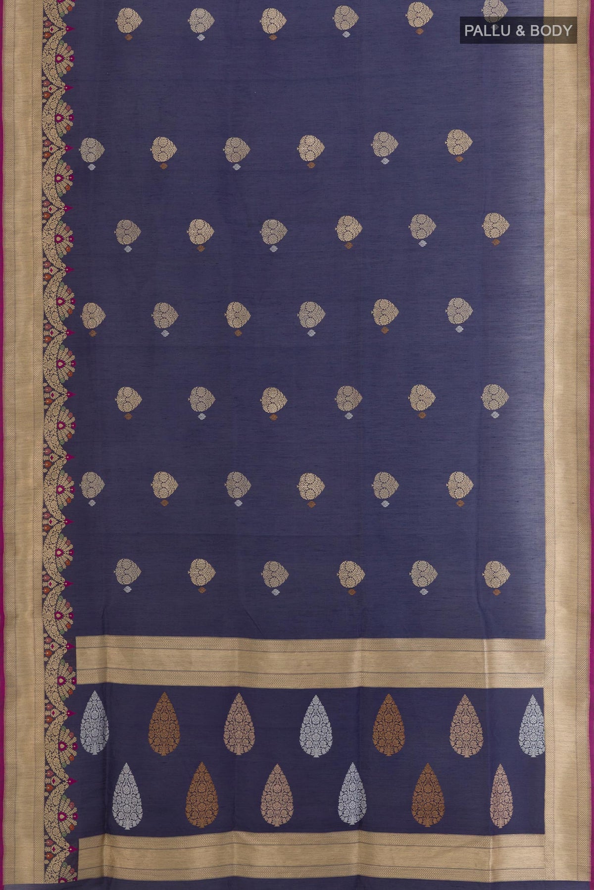 Flat view of Navy Blue Banarasi Kora Silk Saree with Zari Butta on the body and Zari Border. 
