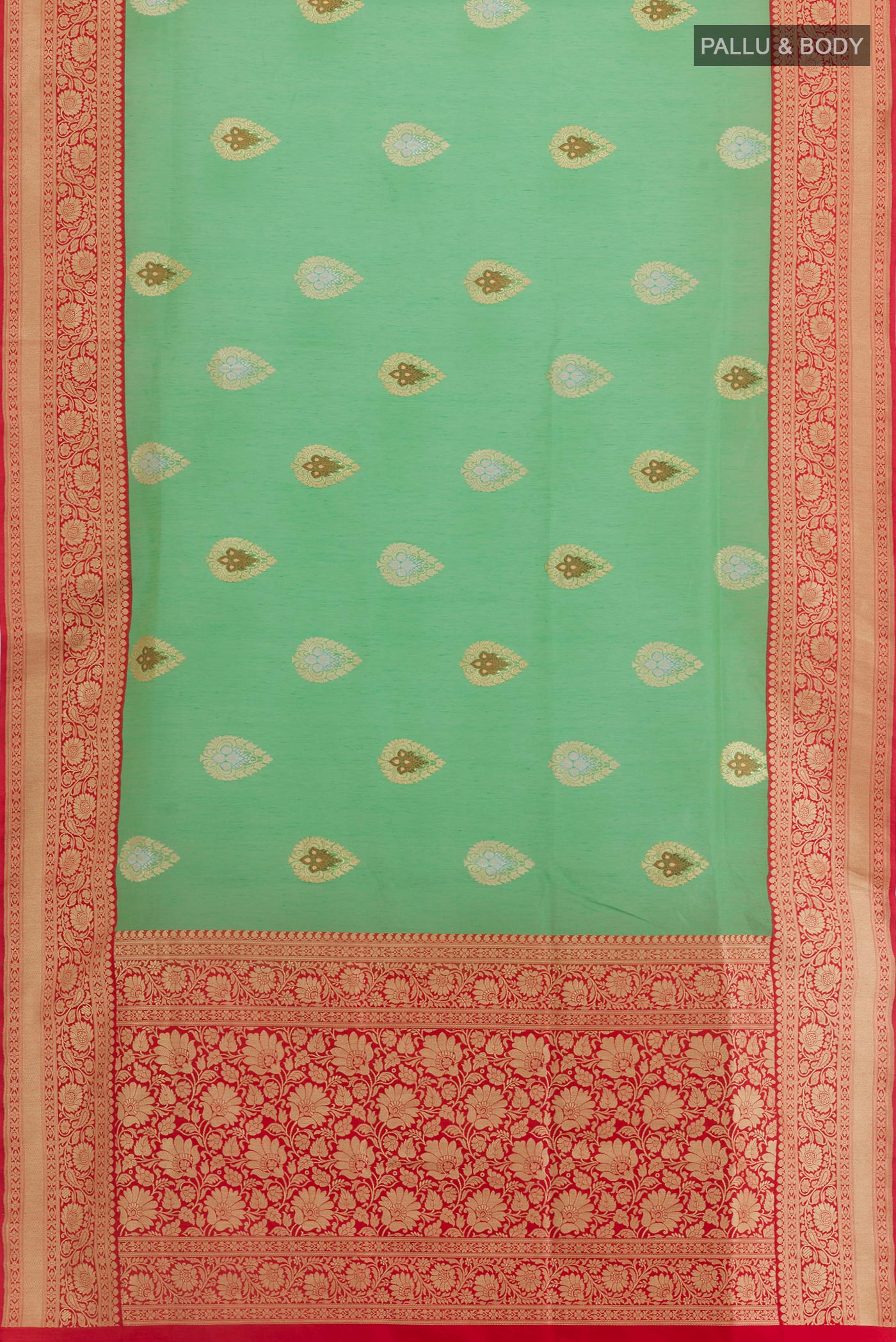 Flat view of Sea Green Banarasi Kora Silk Saree with Zari Butta on the body and Zari Border. 