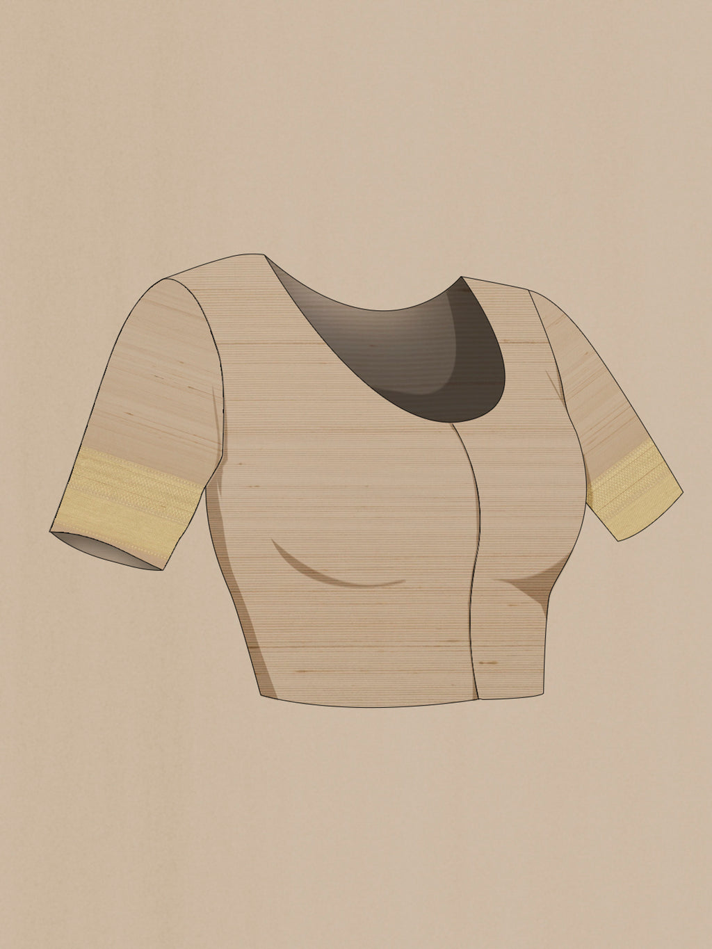 Close up image of the blouse of Beige Banarasi Tussar Silk Saree with Zari Butta on the body and Zari Border. 