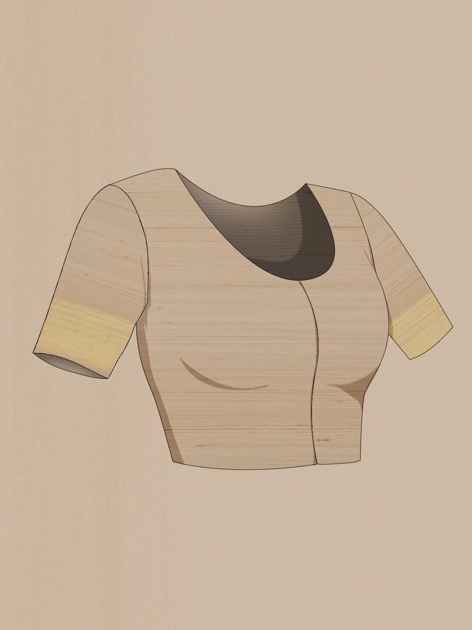 Close up image of the blouse of Beige Banarasi Tussar Silk Saree with Zari Butta on the body and Zari Border. 