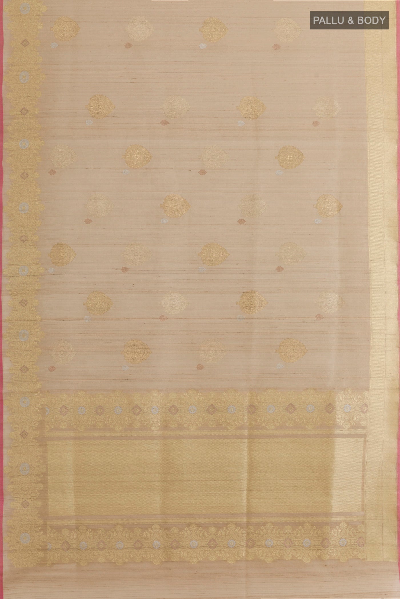 Flat view of Beige Banarasi Tussar Silk Saree with Zari Butta on the body and Zari Border. 