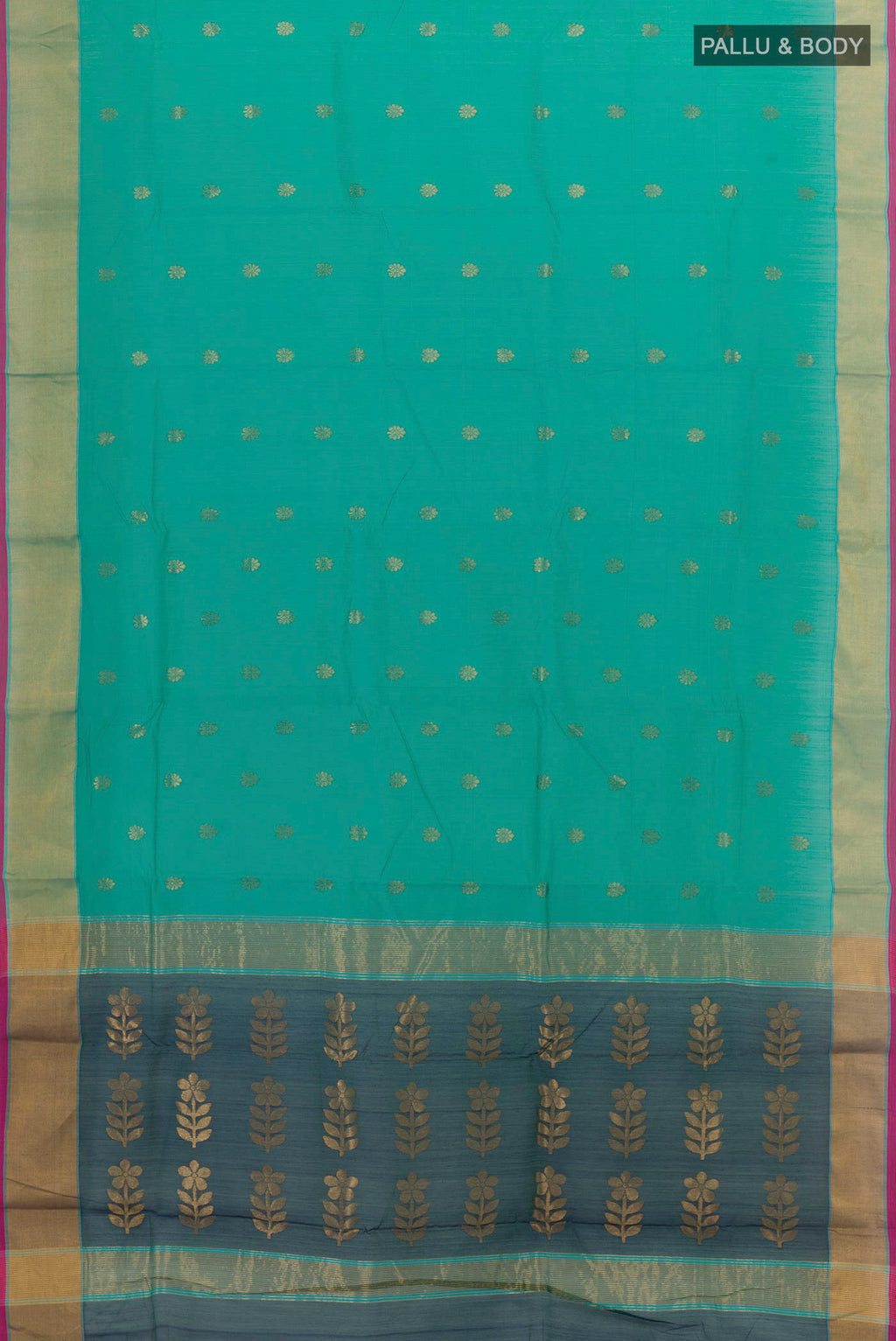 Flat view of Sea Green Chanderi Silk Cotton Saree with Zari Butta on the body and Zari Border. 