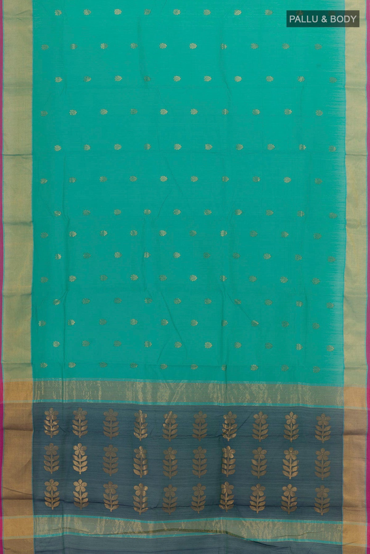 Flat view of Sea Green Chanderi Silk Cotton Saree with Zari Butta on the body and Zari Border. 