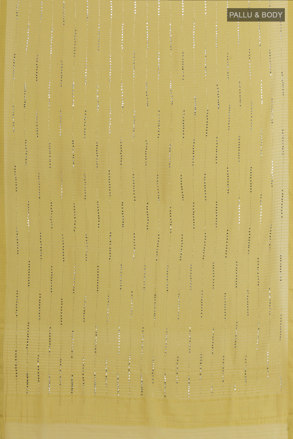 Flat view of Yellow Mysore Chiffon Saree with Embroidery on the body and Zari Border. 