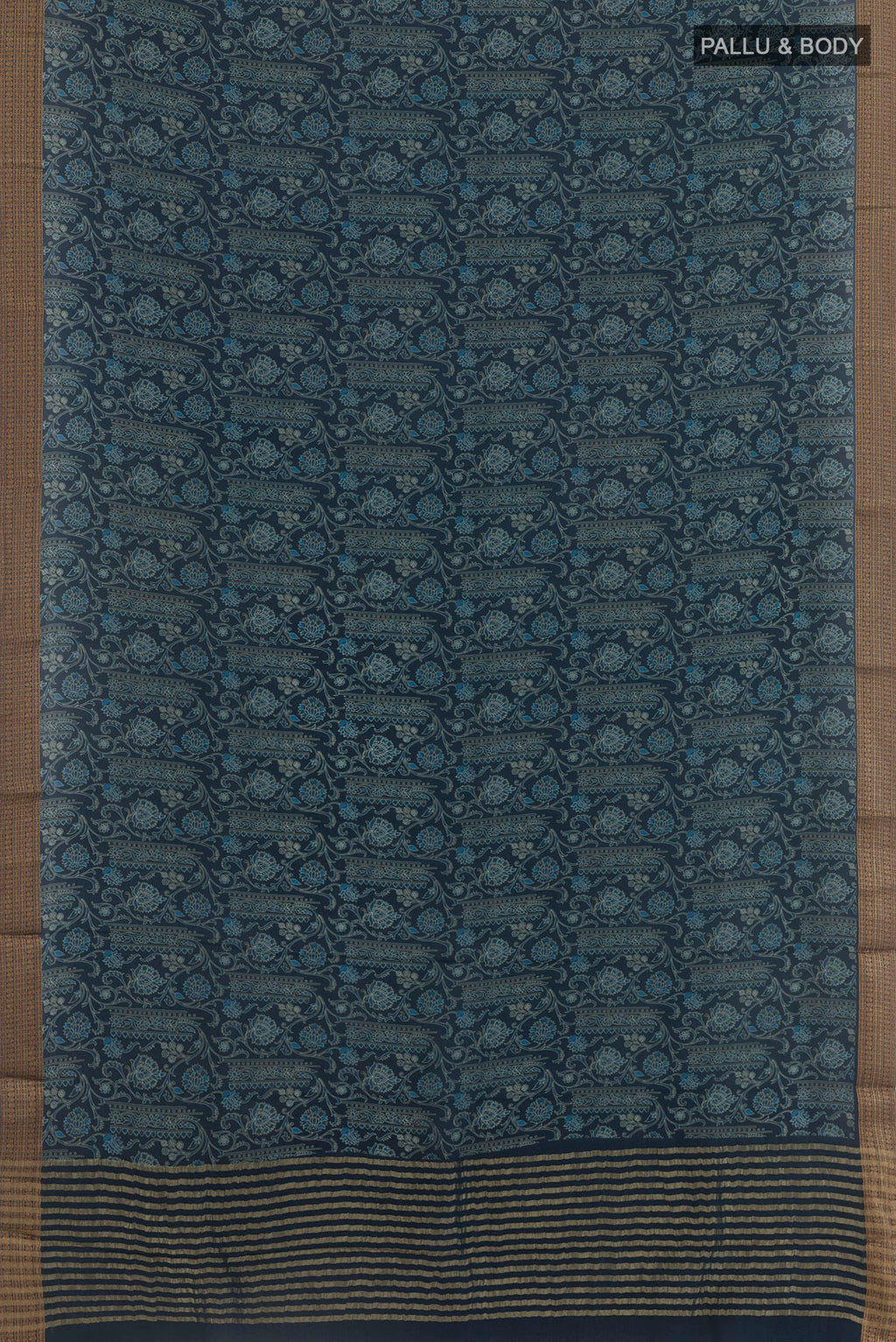 Flat view of Blue Crepe Saree with Printed design on the body and Zari Border. 