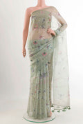 Blue Organza Silk Saree with Printed design on the body and Zari Border displayed on a mannequin