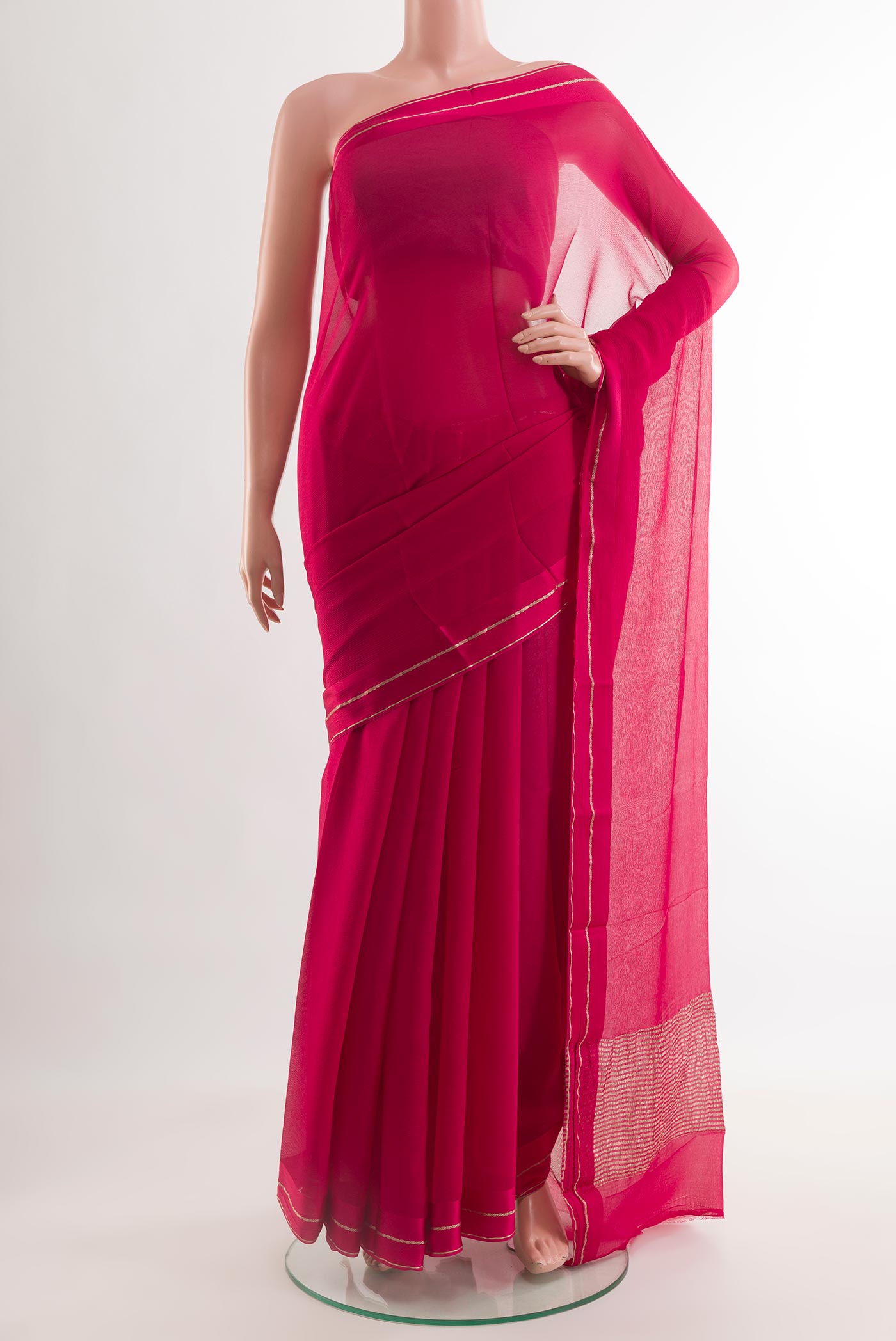 Pink Mysore Chiffon Saree with Plain Body and Zari Border.  displayed on a mannequin