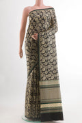 Black Crepe Saree with Printed design on the body and Printed Border.  displayed on a mannequin