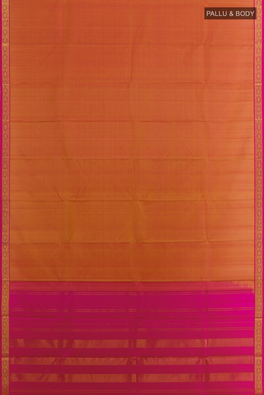 Flat view of Mustard Kanjivaram Silk Saree with Plain Body and Zari Border. 