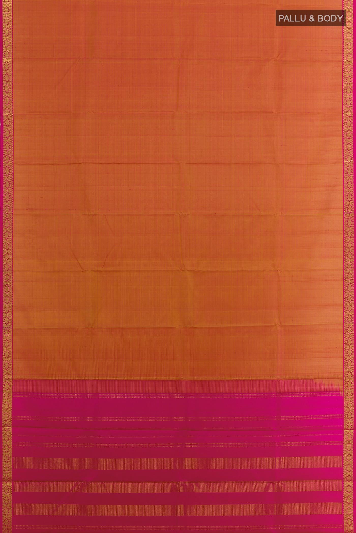 Flat view of Mustard Kanjivaram Silk Saree with Plain Body and Zari Border. 