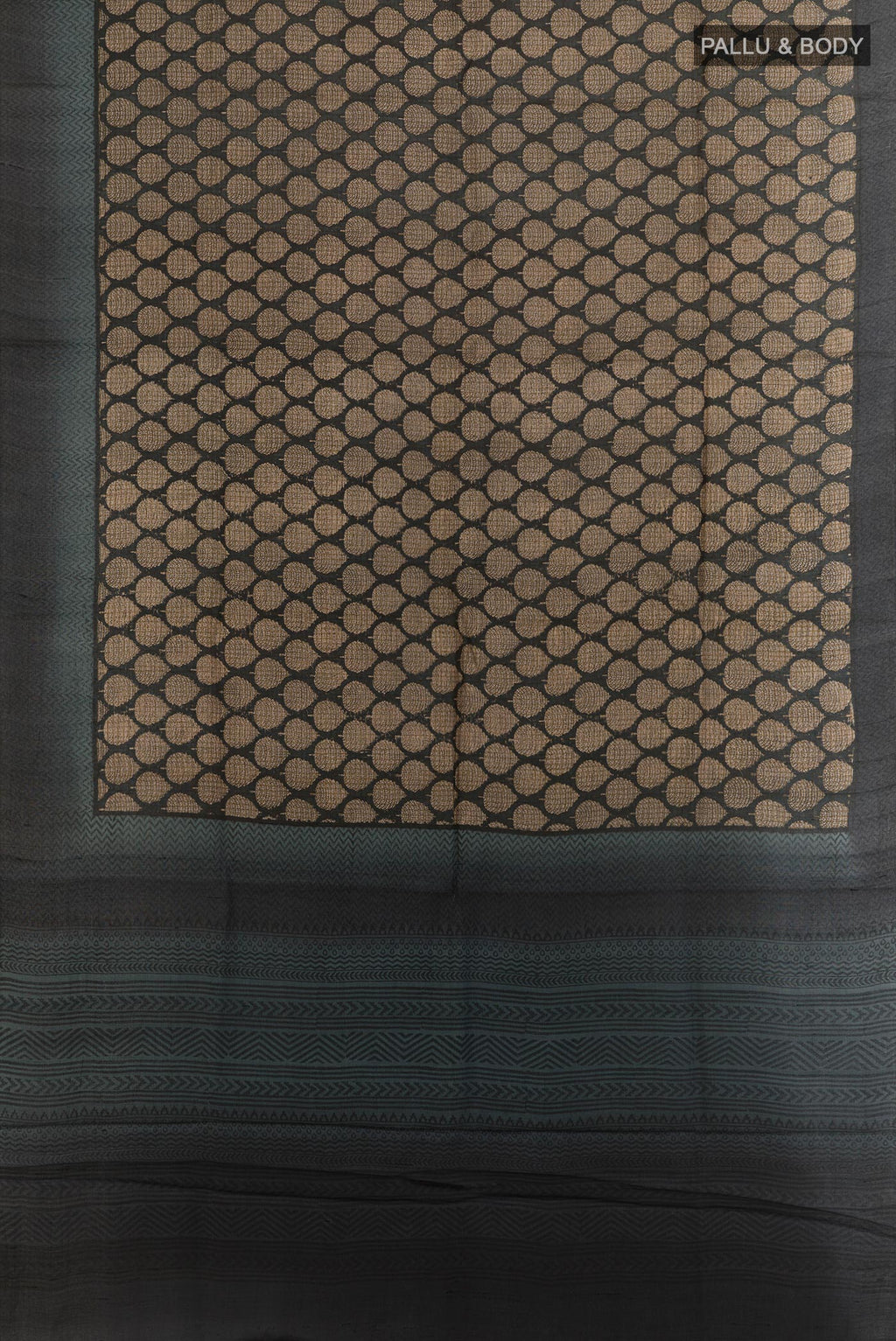 Flat view of Black Tussar Silk Saree with Printed design on the body and Thread Border. 