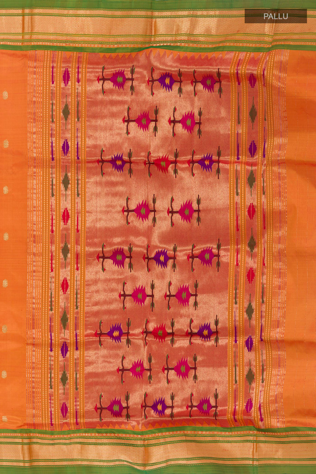 Close up image of the pallu of Orange Paithani Silk Saree with Zari Butta on the body and Zari Border. 