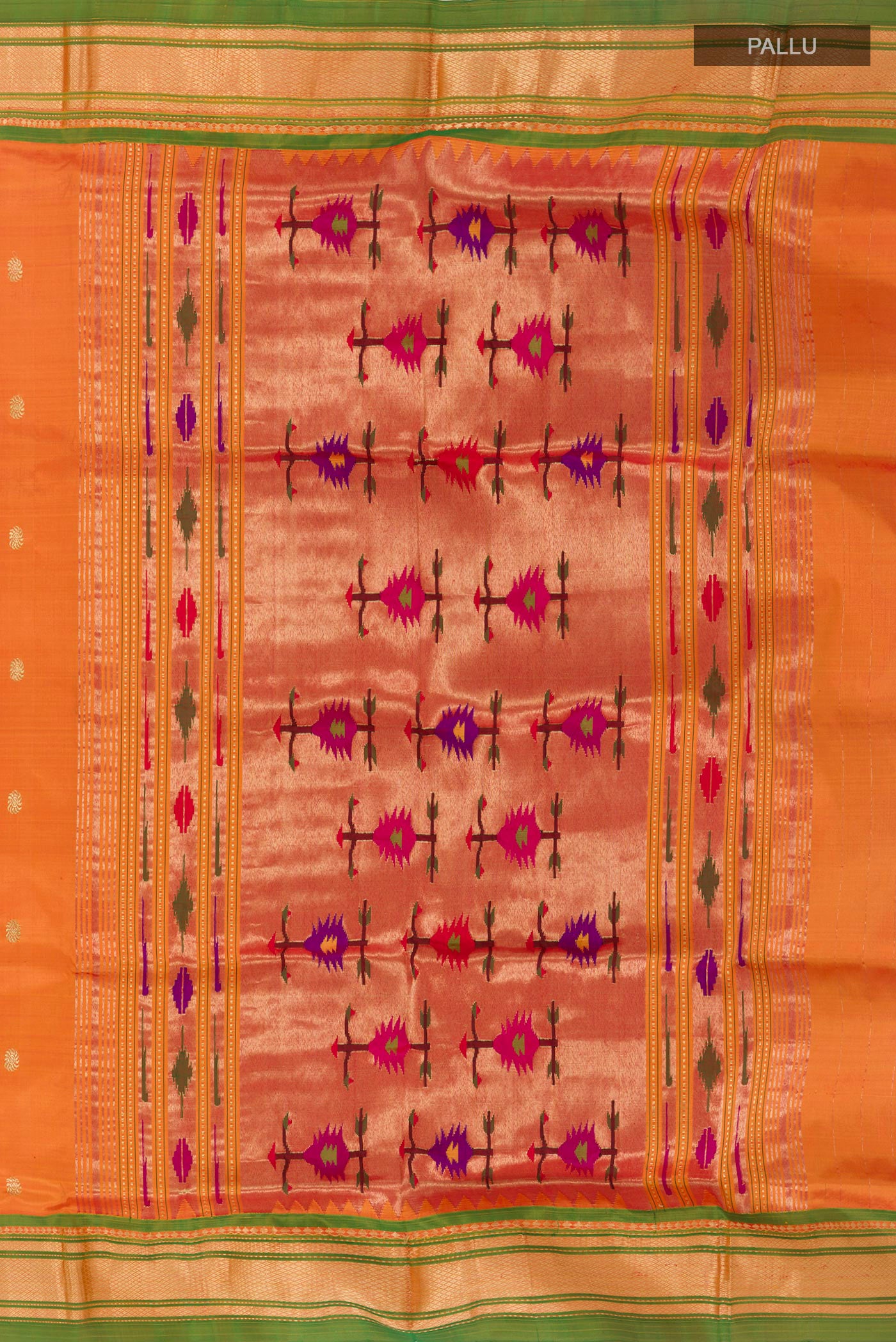Close up image of the pallu of Orange Paithani Silk Saree with Zari Butta on the body and Zari Border. 