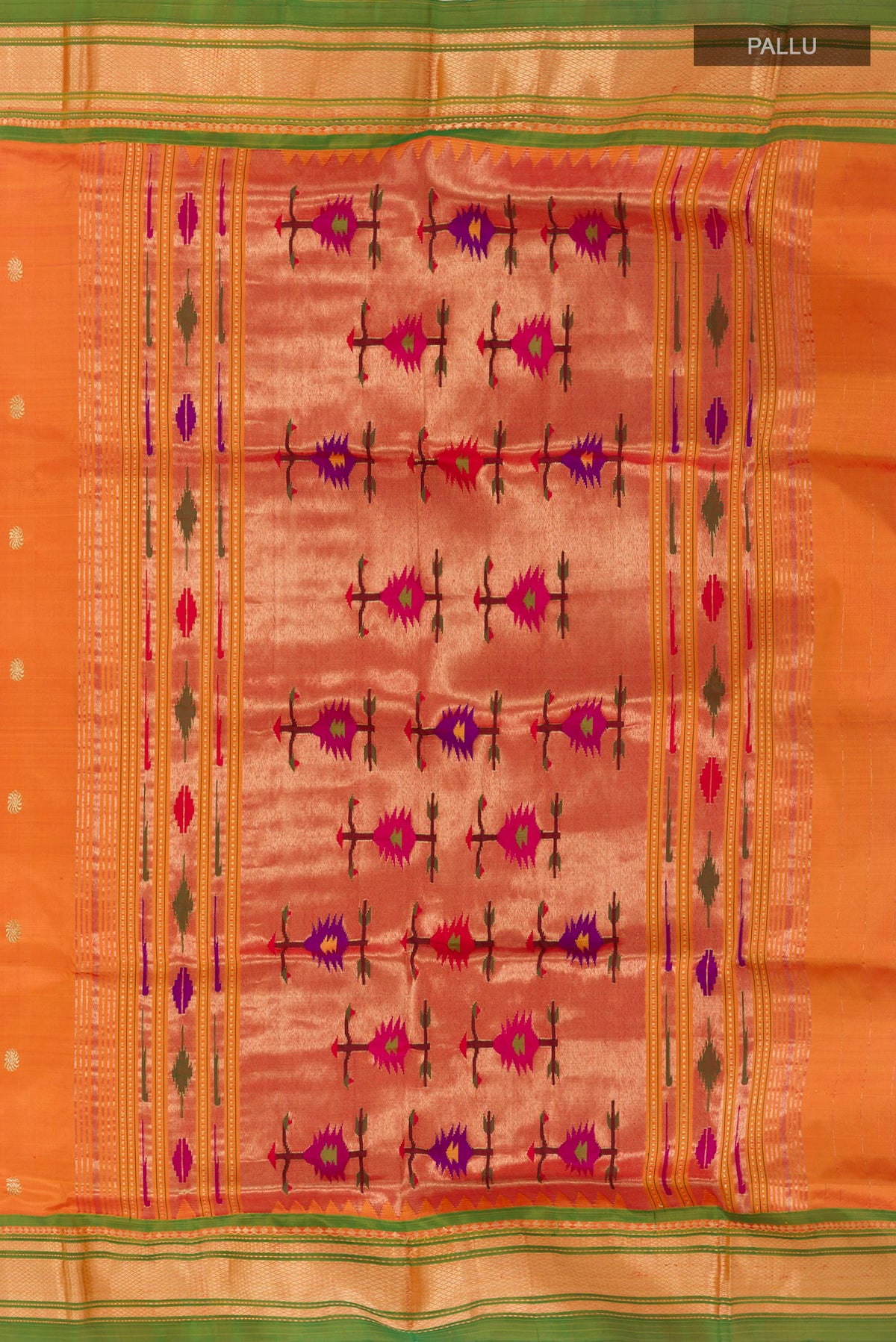 Close up image of the pallu of Orange Paithani Silk Saree with Zari Butta on the body and Zari Border. 