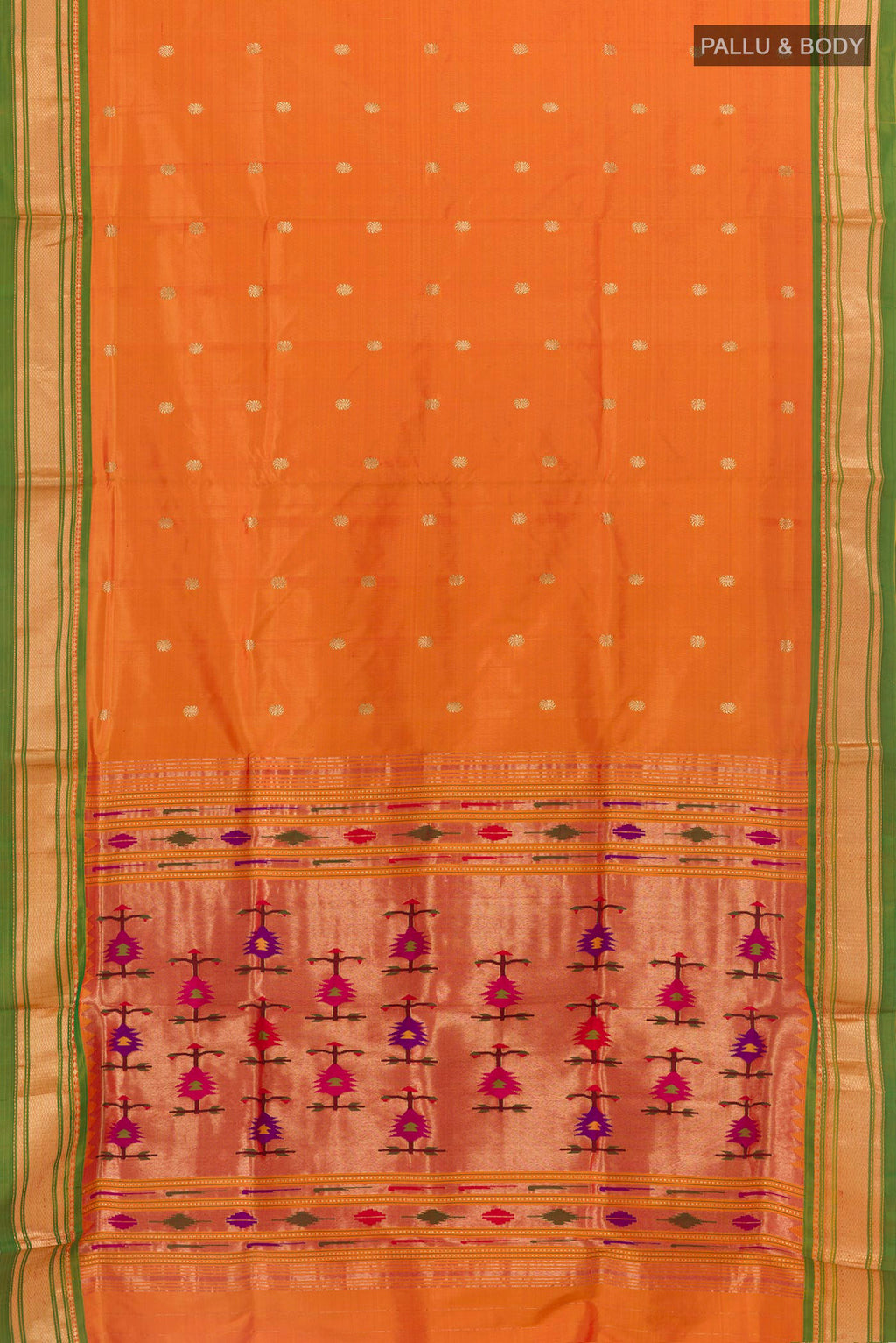 Flat view of Orange Paithani Silk Saree with Zari Butta on the body and Zari Border. 