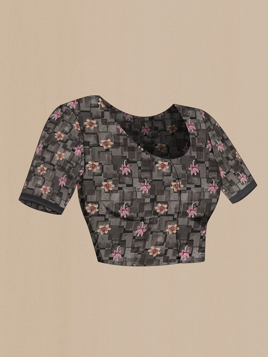 Close up image of the blouse of Black Crepe Saree with Printed design on the body and Printed Border. 