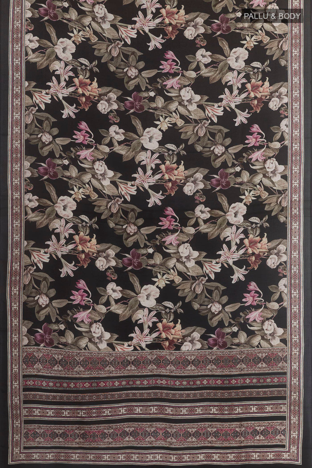 Flat view of Black Crepe Saree with Printed design on the body and Printed Border. 
