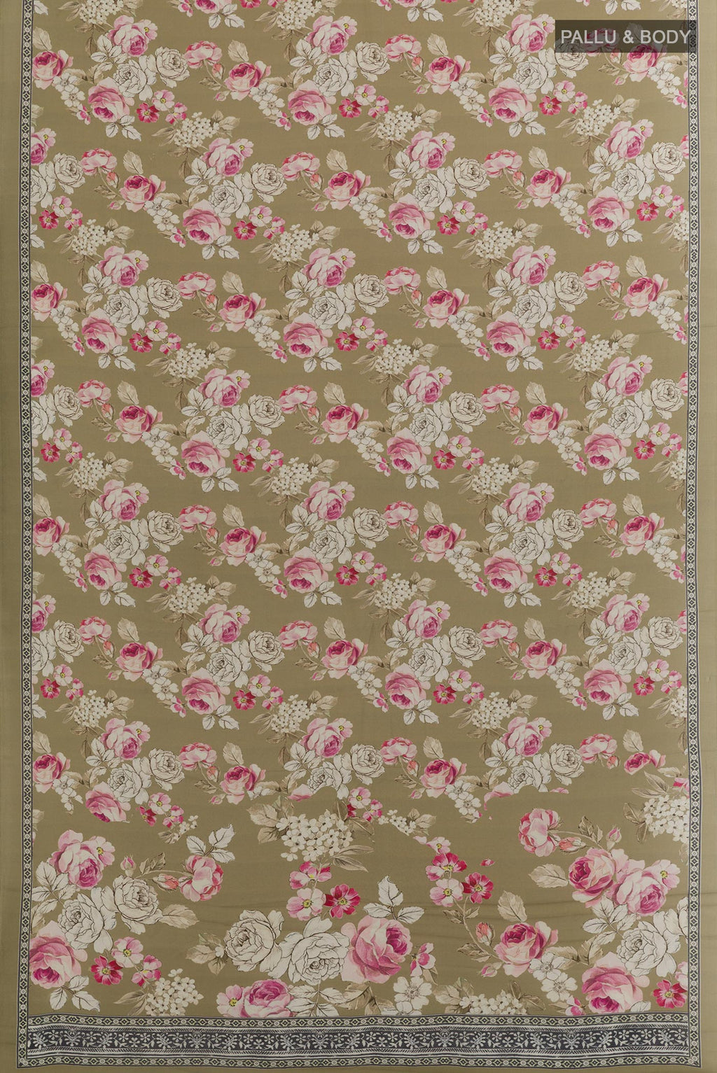 Flat view of Beige Printed Silk Saree with Floral Print on the body and Printed Border. 