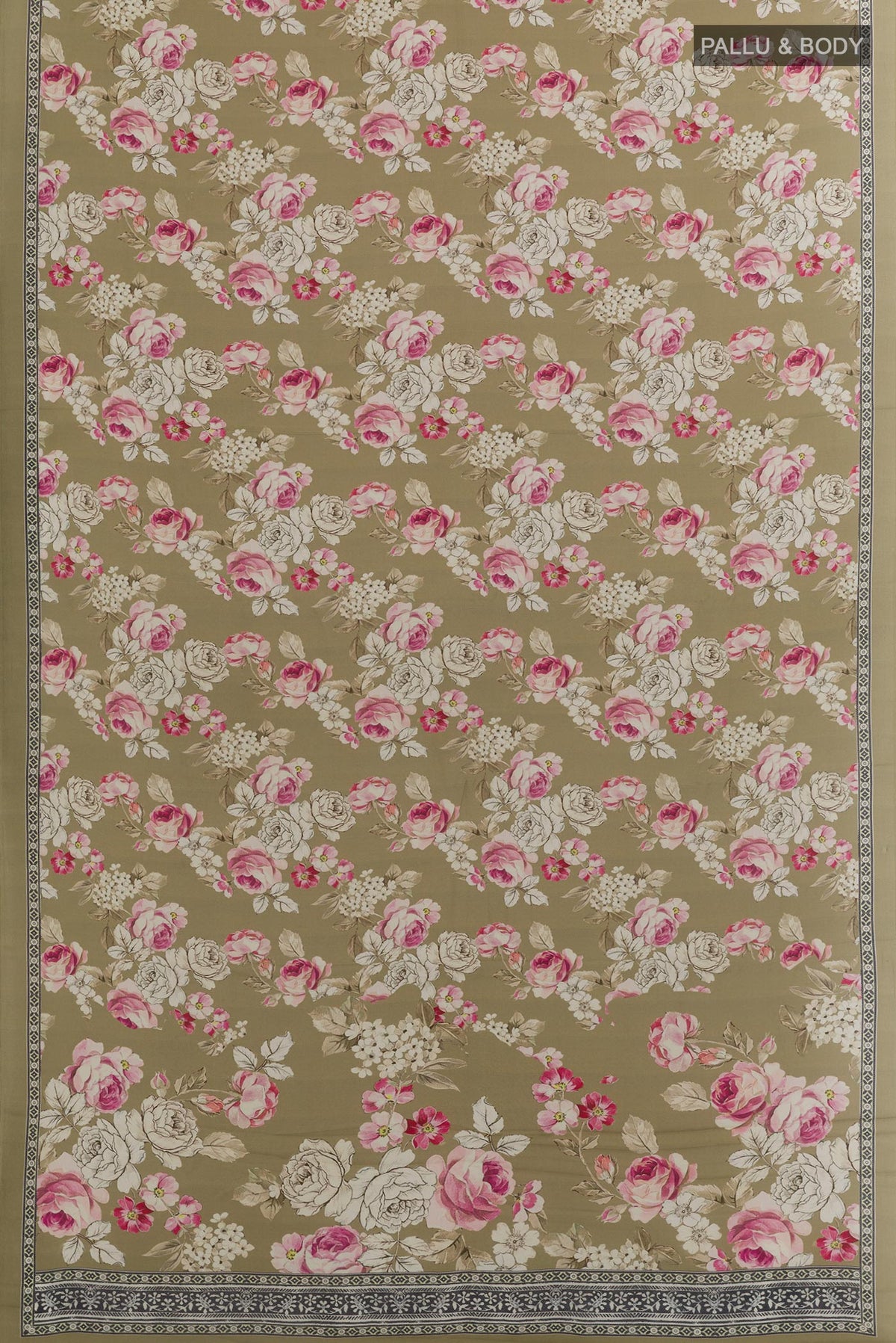Flat view of Beige Printed Silk Saree with Floral Print on the body and Printed Border. 