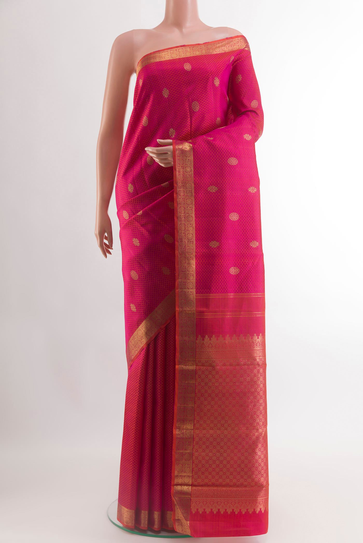 Pink Kanjivaram Silk Saree with Jacquard With Zari Butta on the body and Zari Border.  displayed on a mannequin