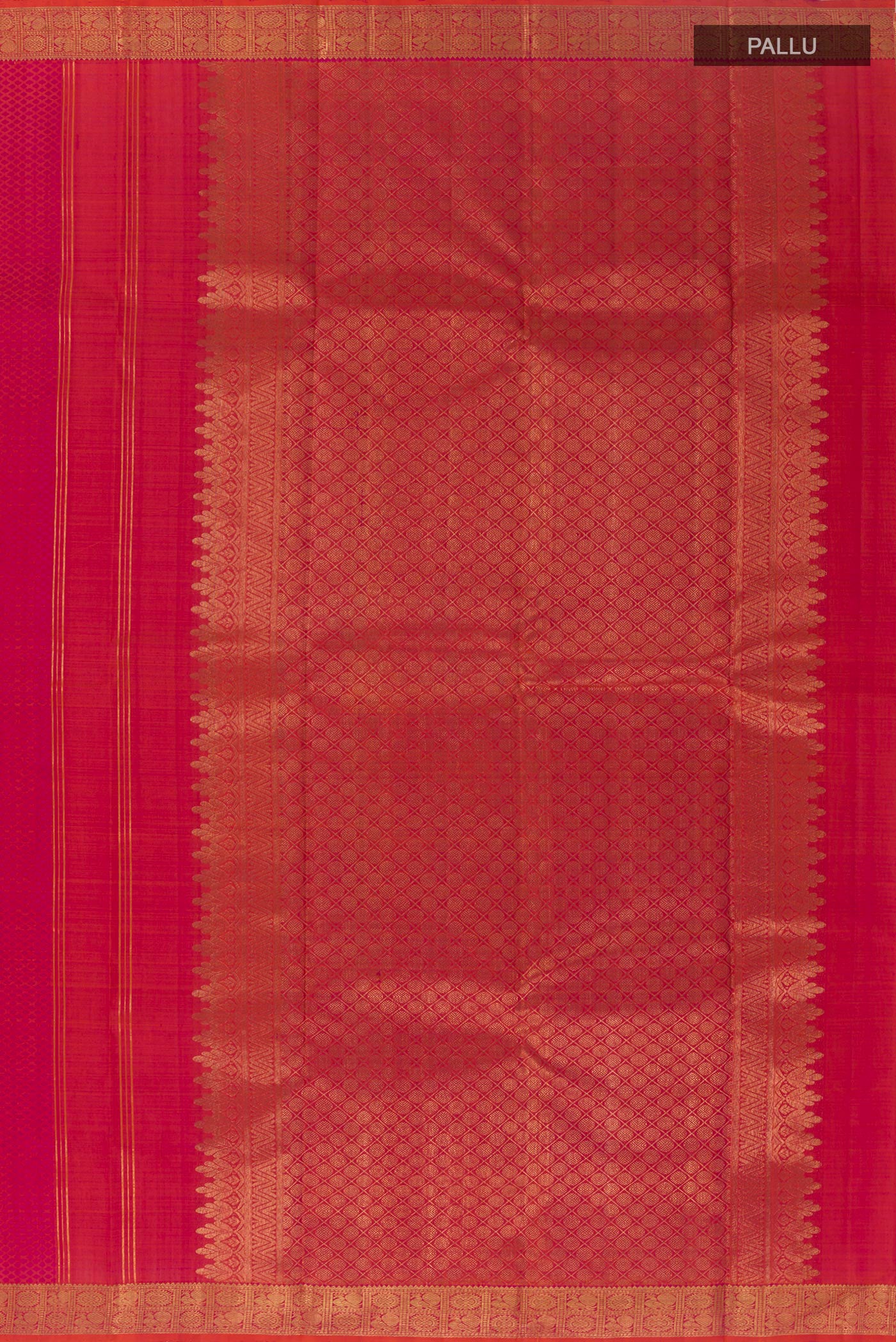 Close up image of the pallu of Pink Kanjivaram Silk Saree with Jacquard With Zari Butta on the body and Zari Border. 